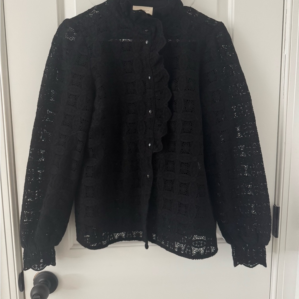 Sezane Chlo Black Guipure Lace Crochet Ruffle Button-Up Blouse Sz 38 - Picture 4 of 8
